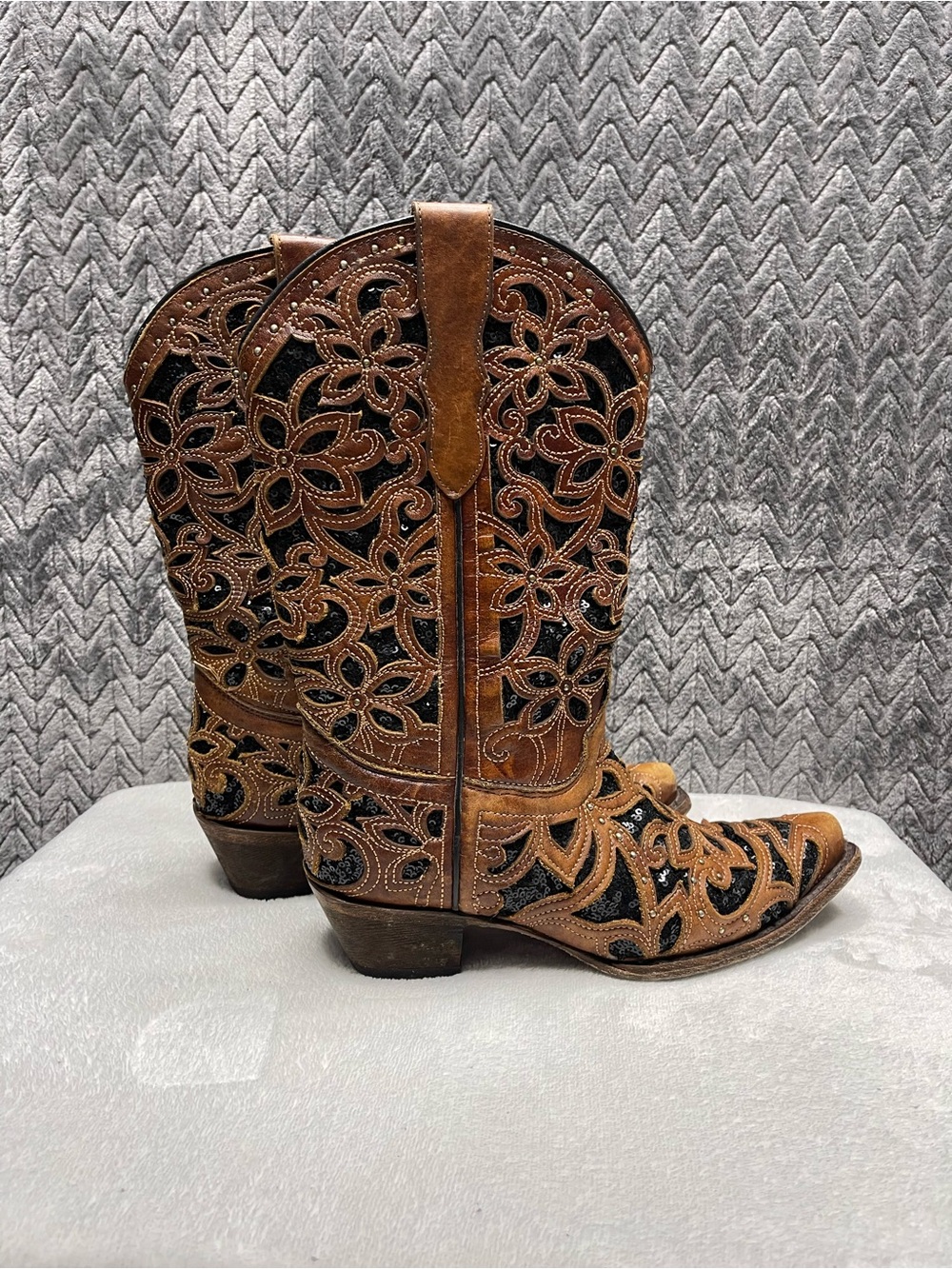 Corral Boots Size 5 Teen/ Women 6.5 Leather Sequin Inlay Western Cowgirl Boots